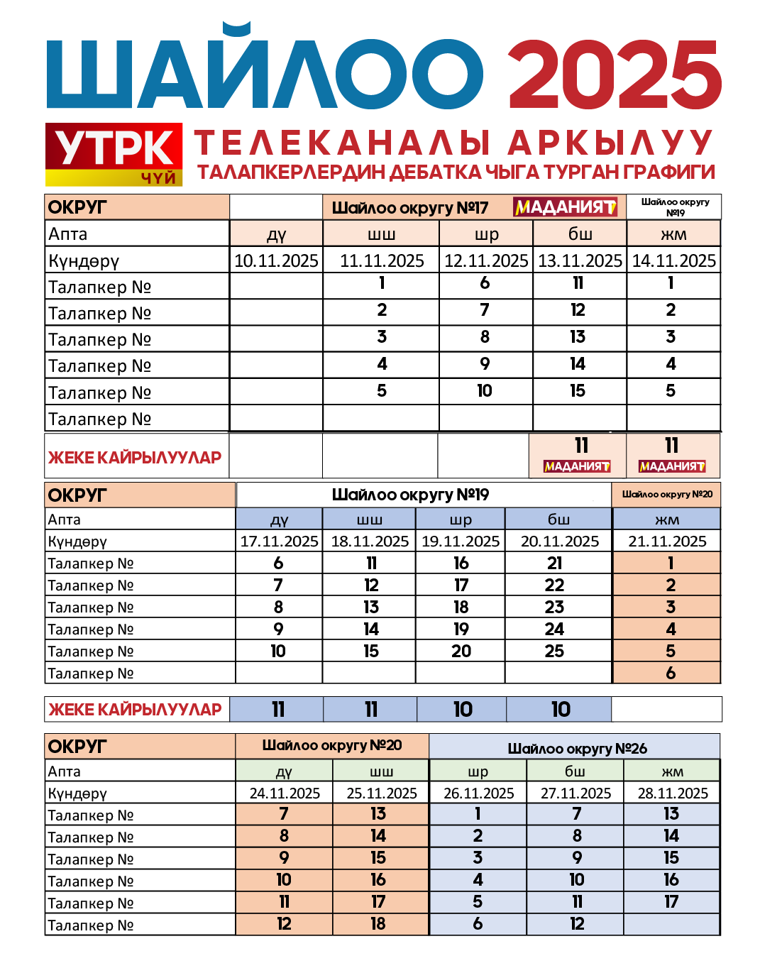 УТРК Чүй дебаттардын графиги