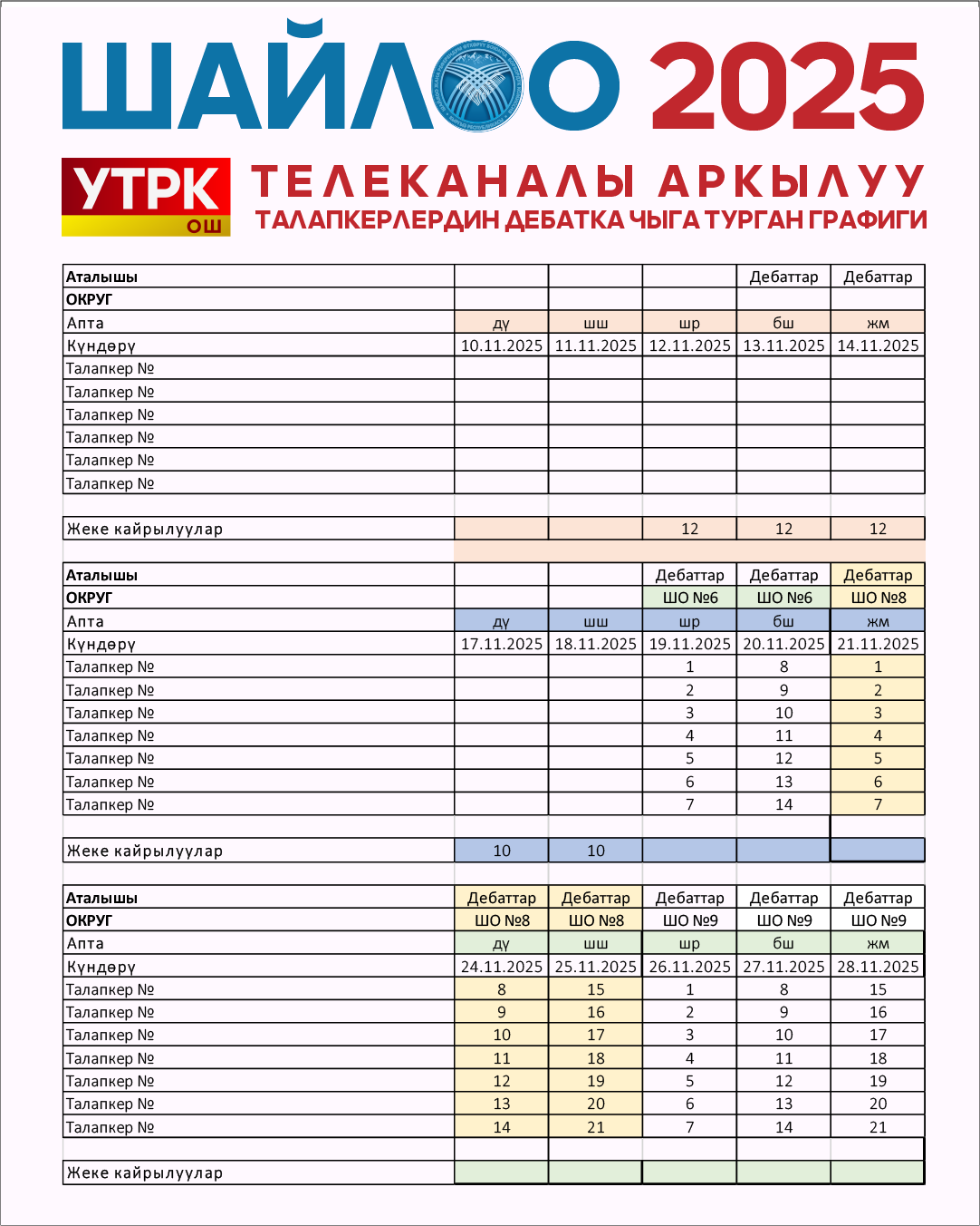 УТРК Ош дебаттардын графиги