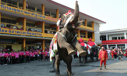 Таиландда окуучуларга аяз атанын кийимин кийген пилдер белек таратышты