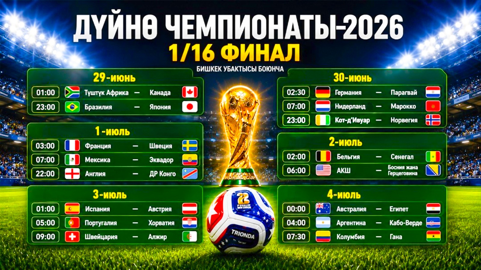 Дүйнө чемпионаты-2026: Плей-офф баскычындагы беттештердин жүгүртмөсү
