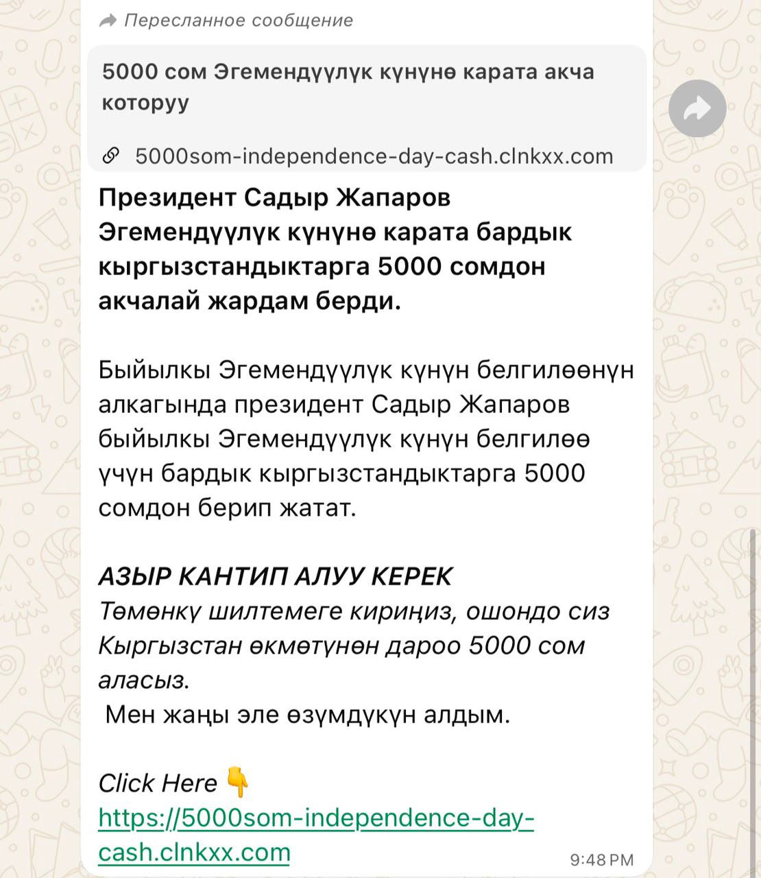 Эгемендүүлүк күнүнө карата 5000 сом төлөнөт деген жалган жарыя таралууда 